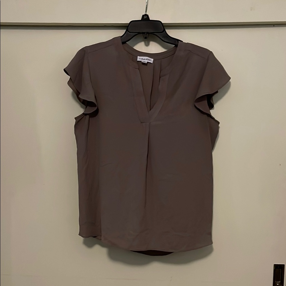 Calvin Klein V-Neck Ruffle Sleeve Blouse - Brown